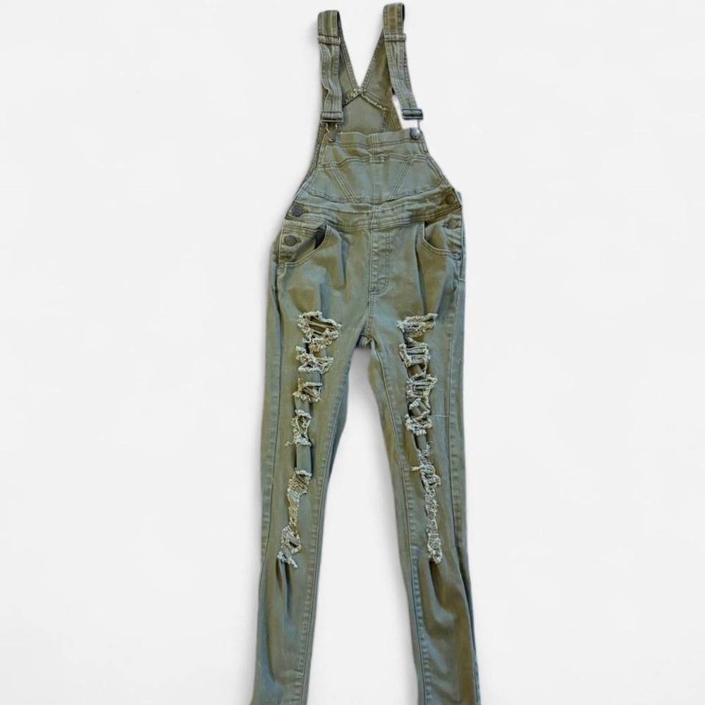 American Bazi Olive Green Distressed Skinny Denim Overalls Dungarees